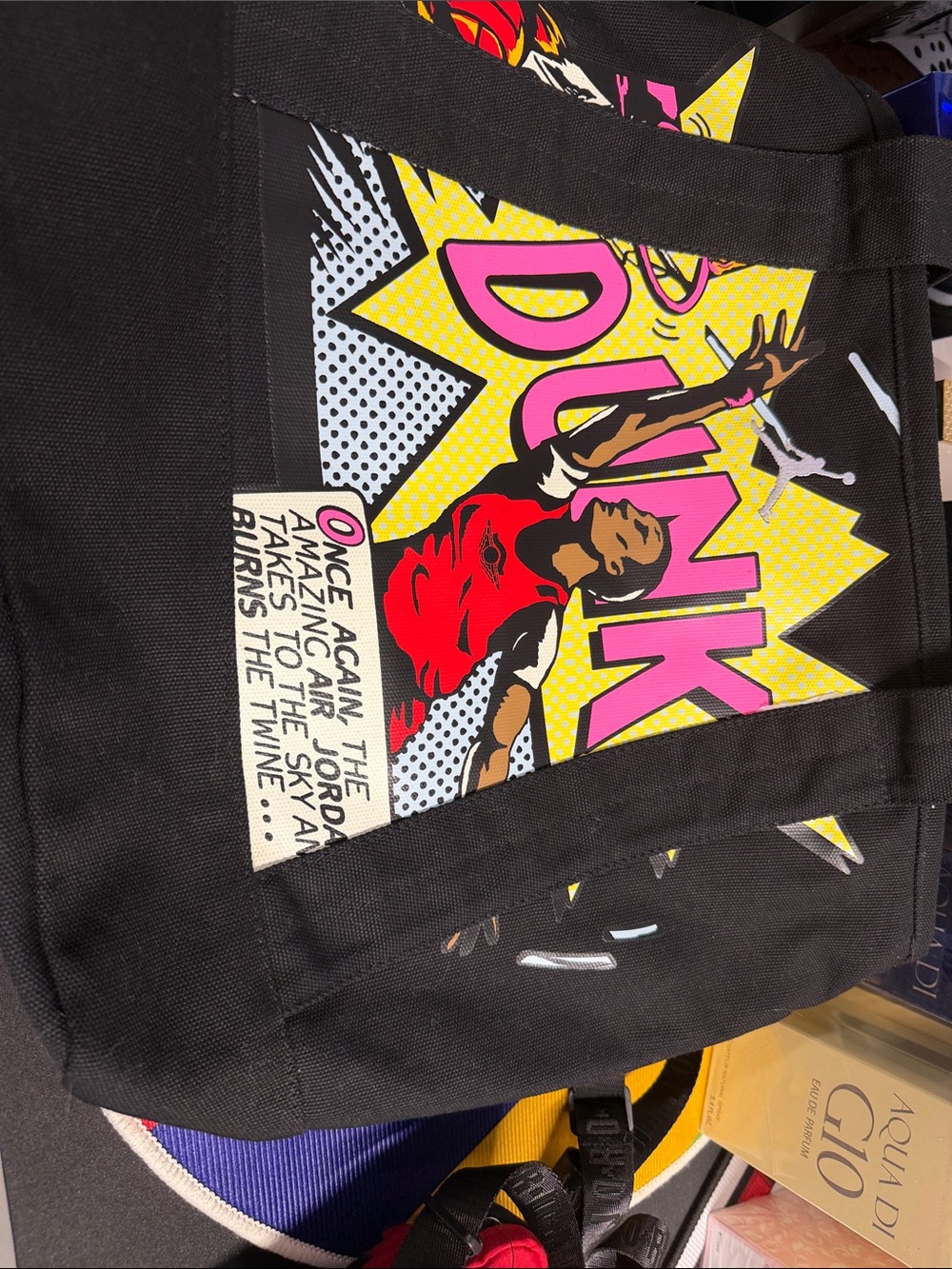 Jordan Black Tote with Pink, Yellow, Red Graphic